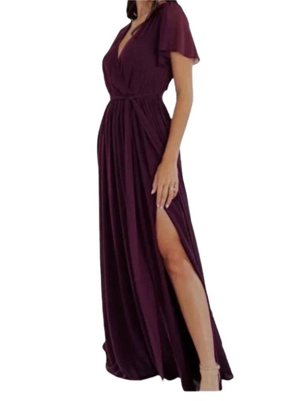 Baltic Born Plum V-Neck Flutter Sleeve Maxi Dress with Side Slit